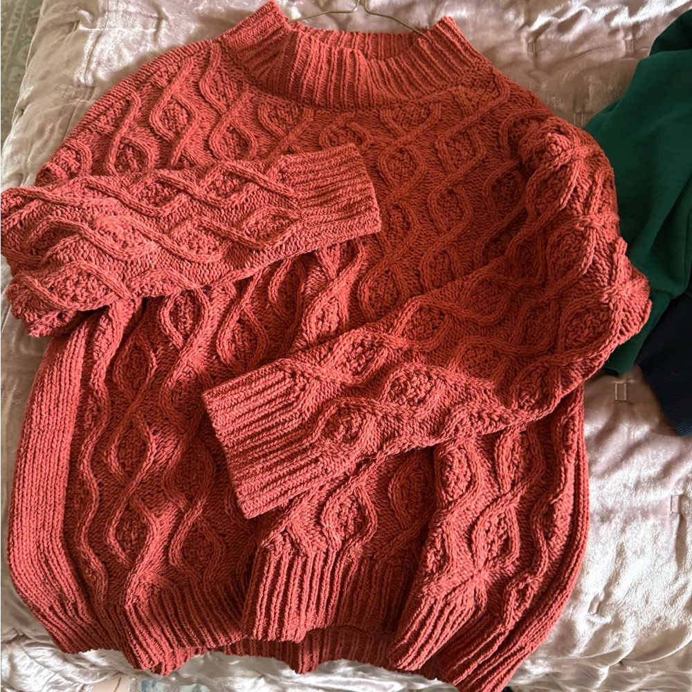 Maurices Cable Knit Cowl Neck Sweater in Coral Orange